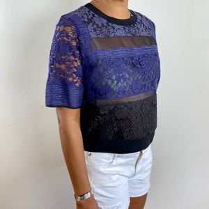 REBECCA TAYLOR PRETTY PATCHWORK BLUE & BLACK COTTON SILK BLEND LACE TOP